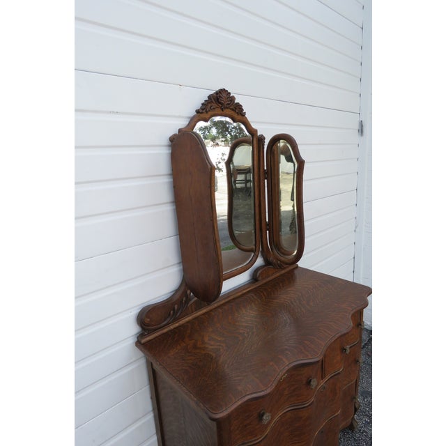 Early 1900s Carved Tiger Oak Low Dresser With Trifold Mirrors Chairish