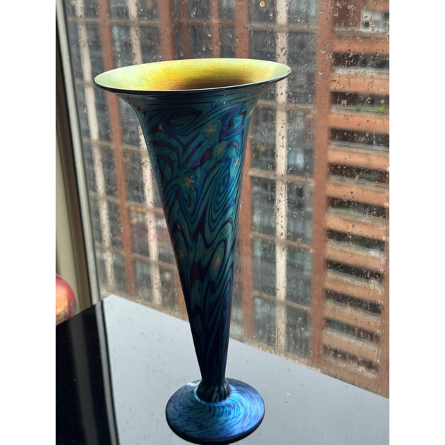 2000 - 2009 Lundberg Studios Art Glass Trumpet Vase — Blue Iridescent Swirl, 2000 For Sale - Image 5 of 6