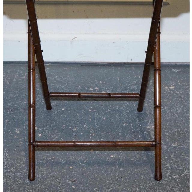Victorian Double Sided Serving Tray on Bamboo Stand Brass Handles Marquetry Top For Sale - Image 6 of 18