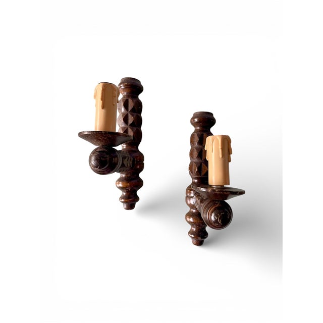 Turned Wood Wall Sconces in the style of Dudouyt, 1940, Set of 2 For Sale - Image 9 of 10