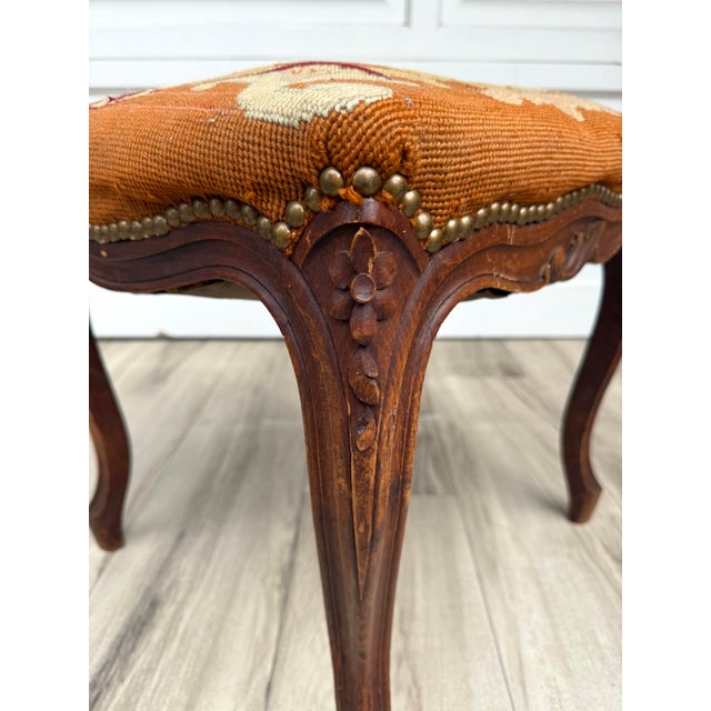 Antique French Louis XV Style Carved Wood Figural Needlepoint Footstool For Sale - Image 9 of 15