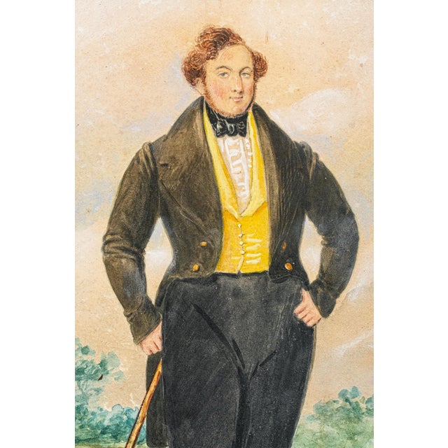 Amazing Antique English School Portrait Gouache Watercolor Painting of Aristocratic Man With Dog Framed Wall Decor For Sale - Image 4 of 15
