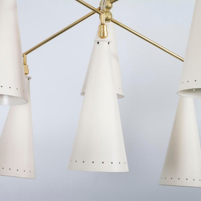 Brass Stilnovo style chandelier with conical shades For Sale - Image 8 of 13