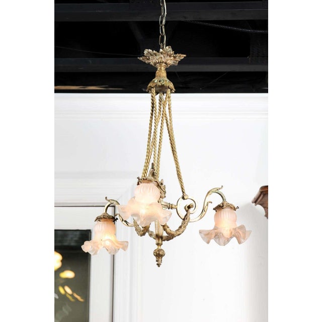 Metal 19th Century French Louis XVI Style 19th Century Bronze Three-Light Chandelier with Torch For Sale - Image 7 of 11