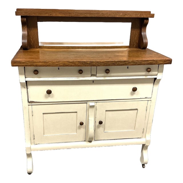 Vintage Petite Sideboard Buffet W Mirror Oak Wood Painted Canvas White Farmhouse For Sale