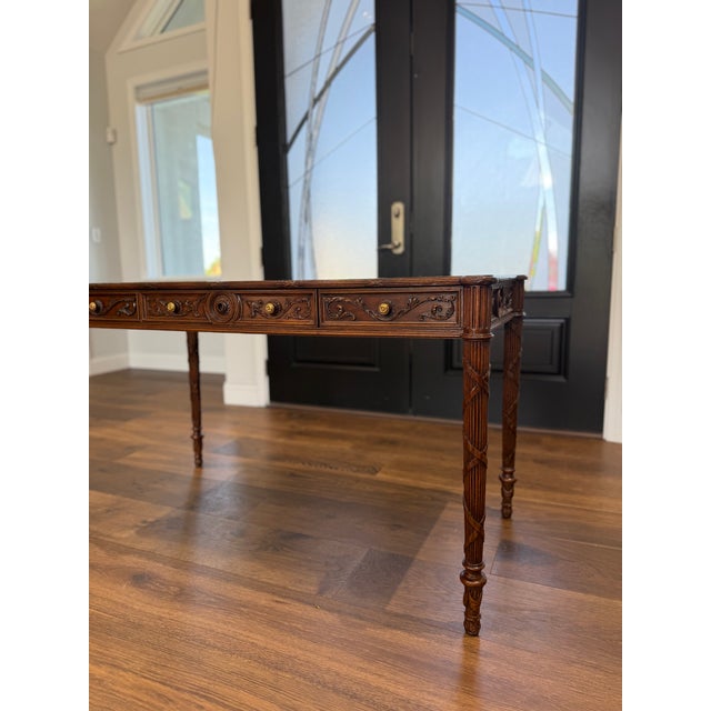 1980s 1980s Maitland-Smith Carved Mahogany Leather Top Writing Desk For Sale - Image 5 of 16