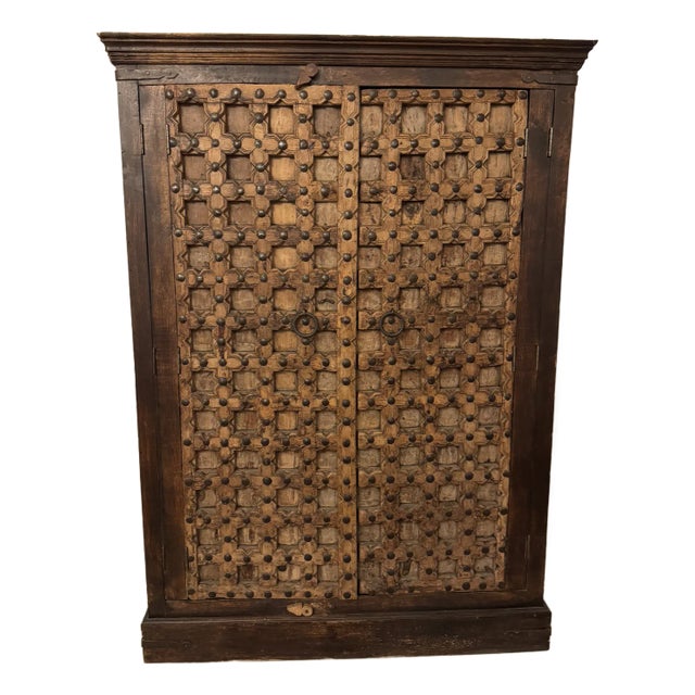 1990s Vintage Indian Teak Wood Door Corner Cabinet Armoire, Tv Stand For Sale