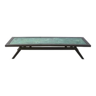 Vintage 60's Rectangular Cocktail Table With Black Wood and Patinated Copper Turquoise Top For Sale