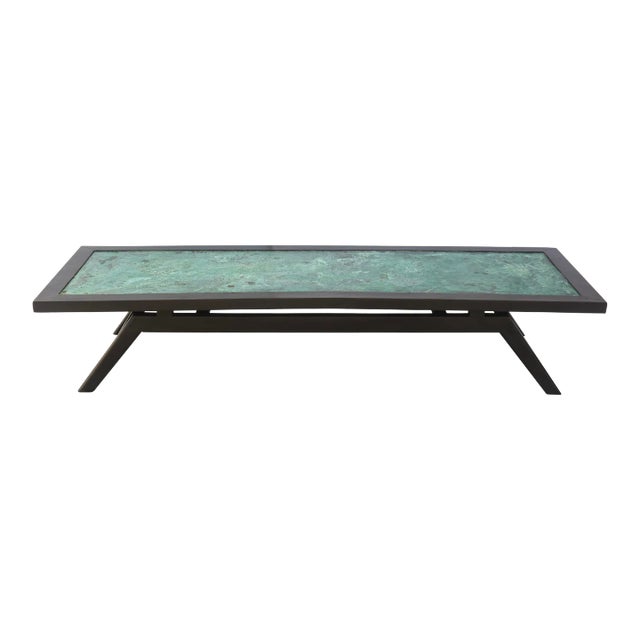 Vintage Rectangular Cocktail Table With Stained Black Wood and Patinated Copper Oxidized Turquoise Top For Sale