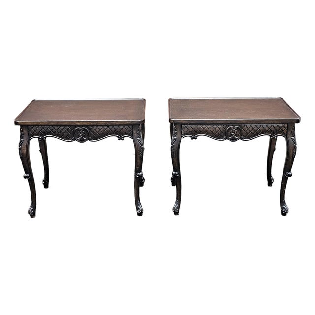Late 20th Century Pair Louis XV Style Stained Carved Walnut Single Drawer Side Tables For Sale