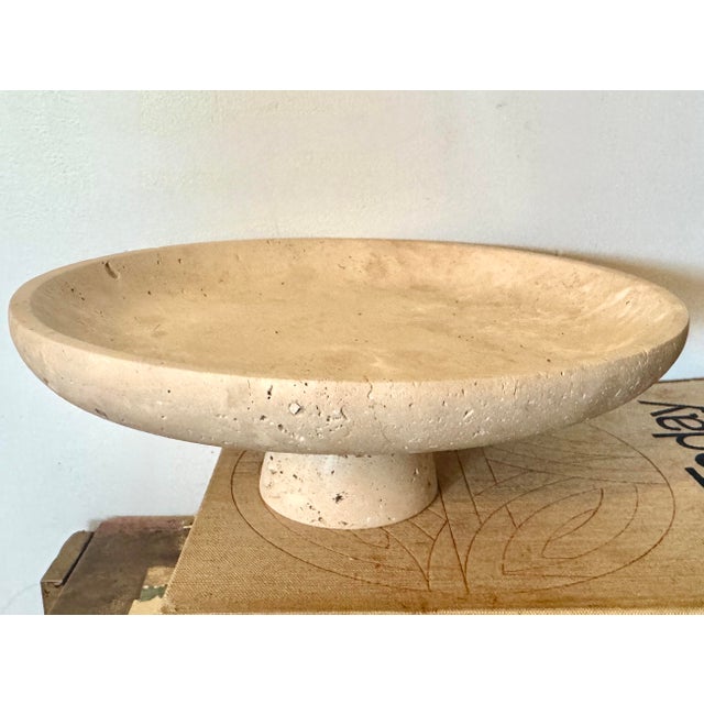 Organic Modern Travertine Style Pedestal Bowl – Mediterranean Stone Compote Centerpiece For Sale In Raleigh - Image 6 of 12