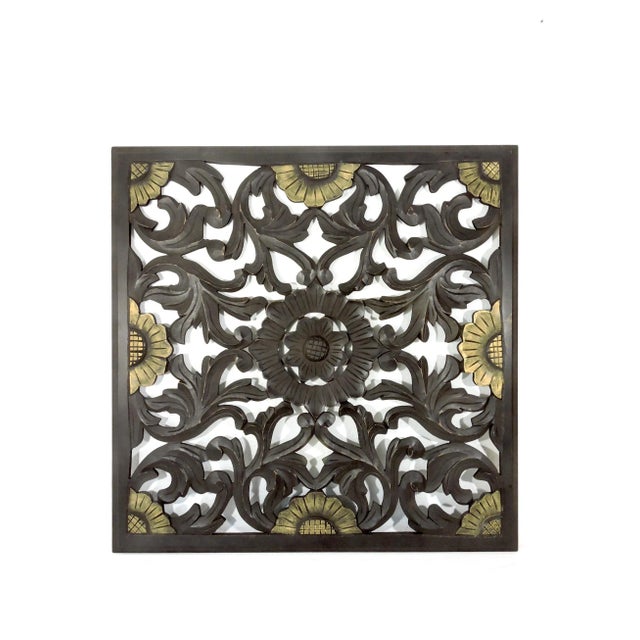 Large Ornate Dark Brown Asian Distressed Sculptural Carved Wood Wall Panel With Gold Flowers For Sale - Image 4 of 5