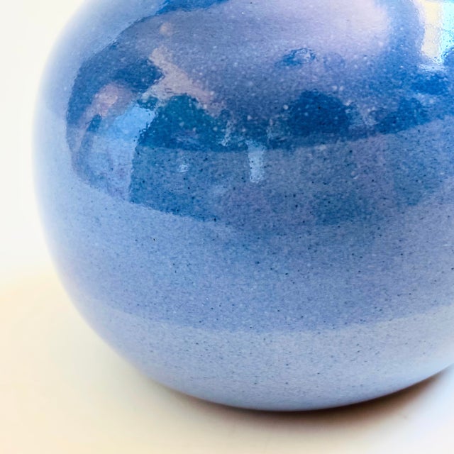 Ceramic Blue Striped Studio Pottery Sphere Vase For Sale - Image 7 of 9