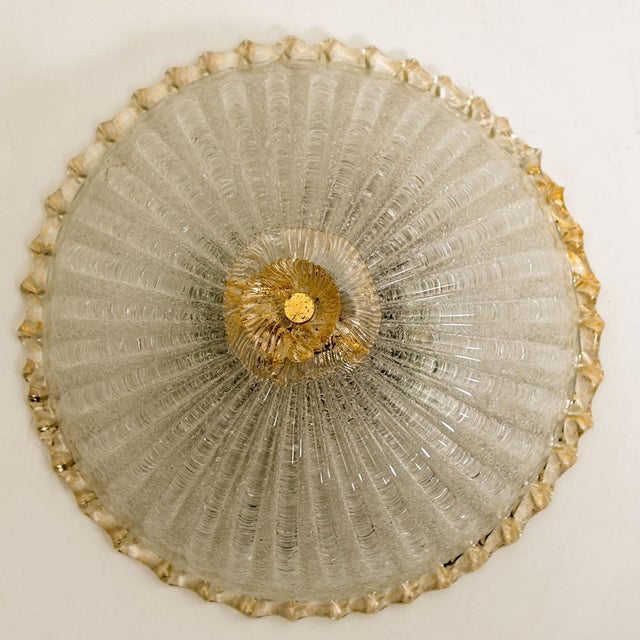 1970s Flush Mount in Pink Salmon and Clear Murano Glass from Barovier & Toso, Italy For Sale - Image 5 of 13