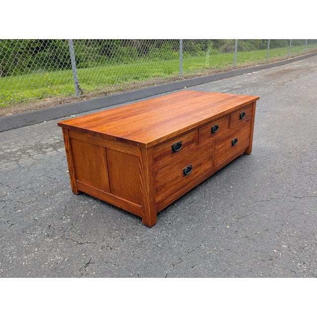 2000 - 2009 Tiger Oak Mission Style Coffee Table With Cedar Lined Drawers For Sale - Image 5 of 17