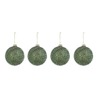 Beaded Tinsel Green Glass Ball Ornaments, Set of 4, 4.75" For Sale