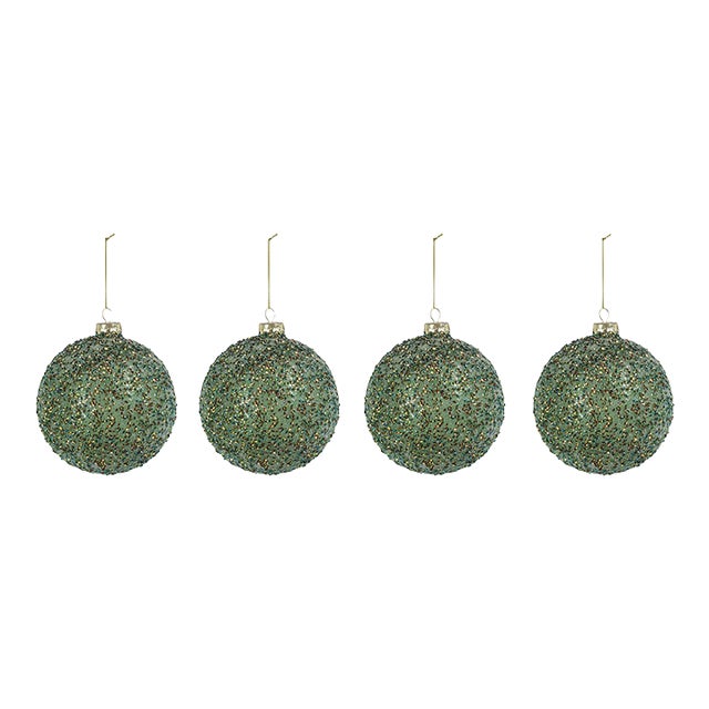 Beaded Tinsel Green Glass Ball Ornaments, Set of 4, 4.75" For Sale