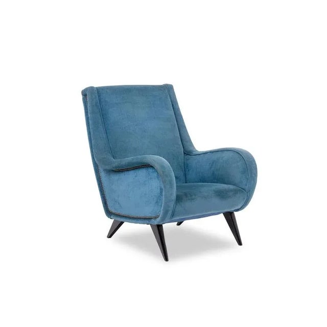Blue Velvet Armchair with Beech Base, 1950s For Sale - Image 9 of 9