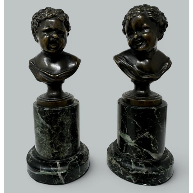 Superb example of a pair of French bronze Busts on Marble bases of small proportions firmly attributed to neoclassical...