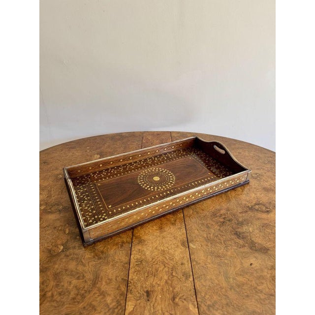 Fine quality antique brass inlaid tray, having a quality rectangular tray inlaid with beautiful brass detail , with a...