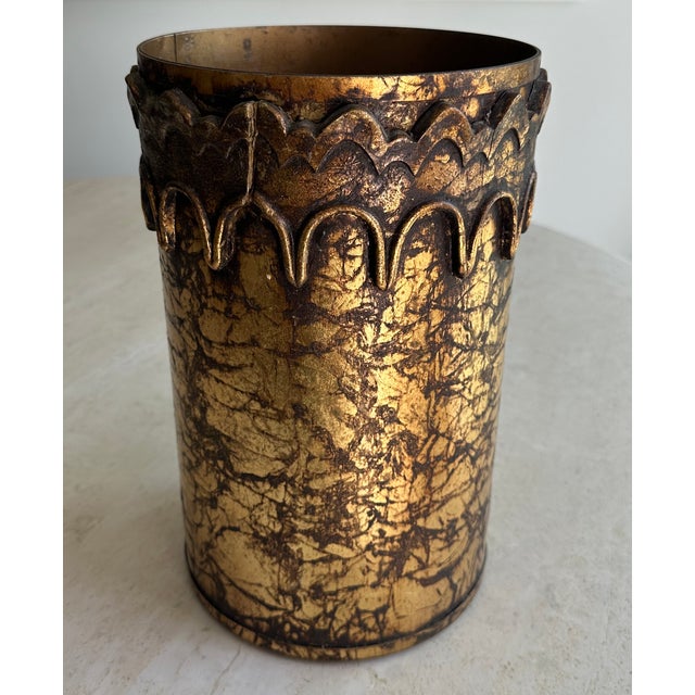 Mid-Century Modern Hollywood Regency Italian Metal Gold Leaf Waste Basket For Sale - Image 3 of 6