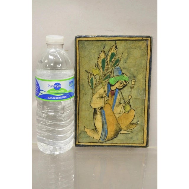Antique Persian Iznik Qajar Style Green Ceramic Pottery Tile Kneeling Woman C5. Item features original crackle glazed...