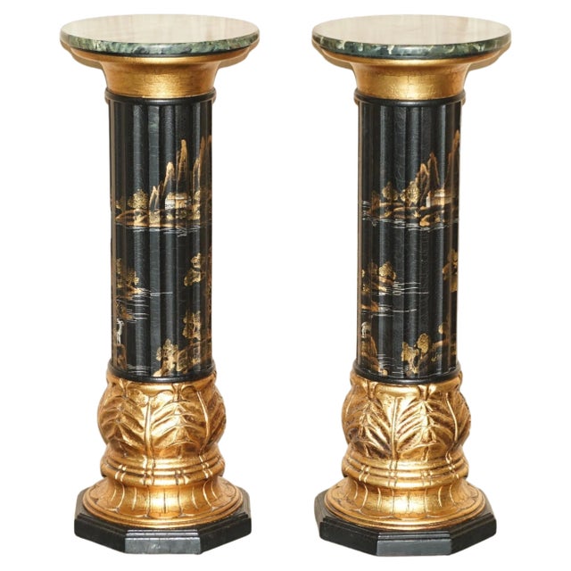 Chinese Neoclassical Style Chinoiserie Lacquered Torcheres Columns, 1920s, Set of 2 For Sale