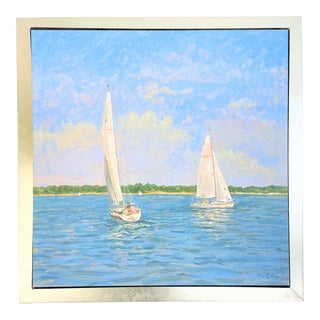 Impressionist Coastal Sailboat Acrylic Giclee, Floating Frame on Canvas For Sale
