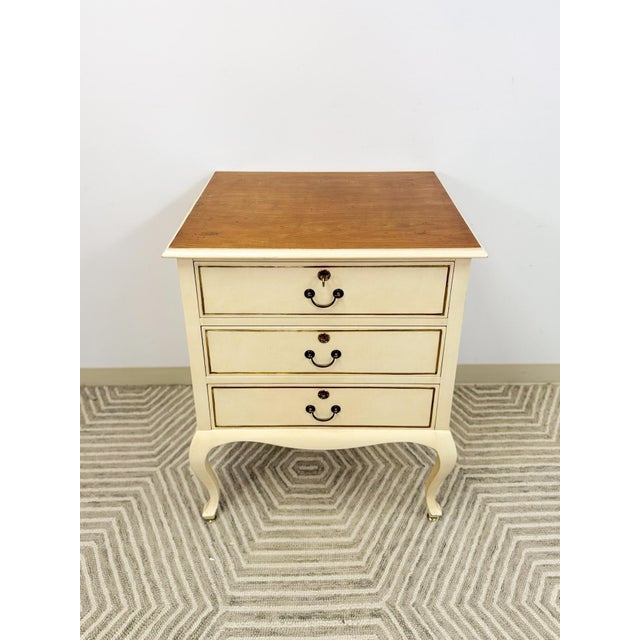 Farmhouse Beige Vintage Provincial Chest of Three Drawers Storage Wood Dresser Lock/Keys For Sale - Image 3 of 11