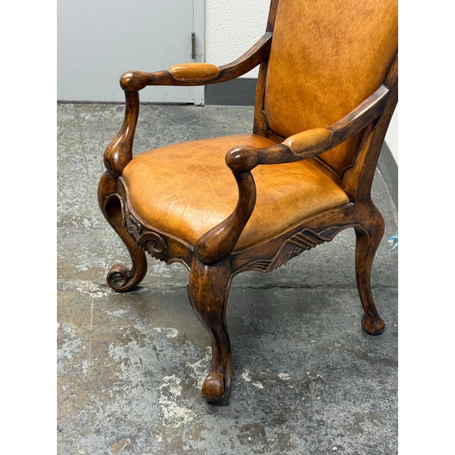 Venetian Leather Bespoke Carved Wood Armchair, Vintage For Sale - Image 4 of 12