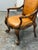 Venetian Leather Bespoke Carved Wood Armchair, Vintage For Sale - Image 4 of 12