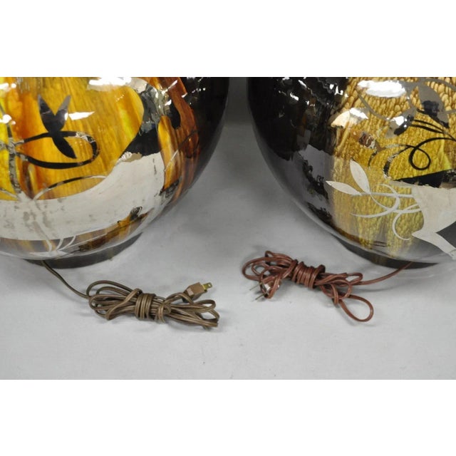 Mid Century Modern Sunset Cosco Ram Brown Drip Glaze Pottery Table Lamps Pair B For Sale - Image 10 of 12