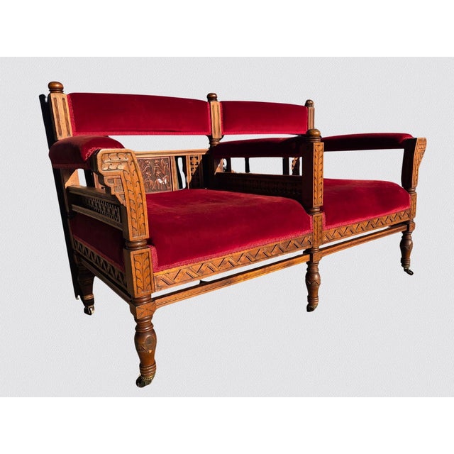 19th C Victorian Church Altar Bench Red Velvet Carved Wood 52" For Sale - Image 9 of 12