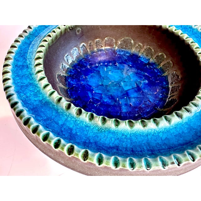 Brutalist Rimini Blue Glazed Ceramic Art Bowl with Broken Glass Inlay, 1960s For Sale - Image 3 of 12