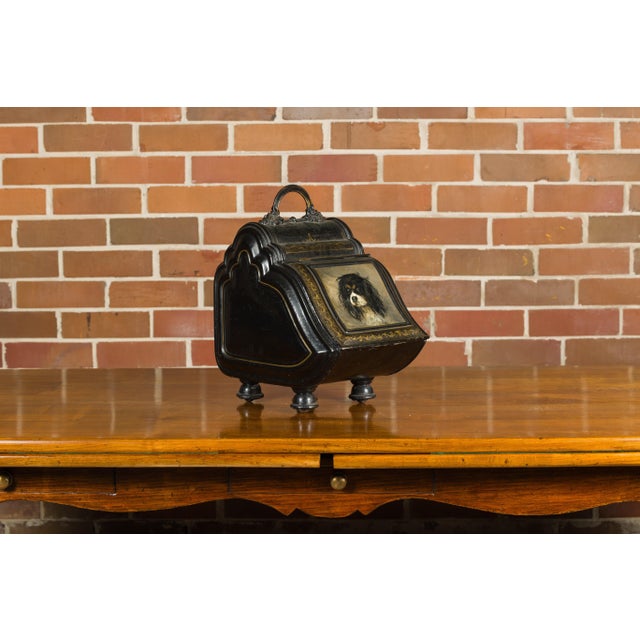 English Victorian Period 1880s Black Coal Box with Hand-Painted Dog Motif For Sale In Atlanta - Image 6 of 12