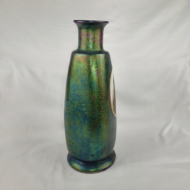 Victorian Antique Iridescent Art Glass Vase Victorian Portrait Oil Slick Finish 13.5in For Sale - Image 3 of 10