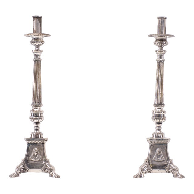 Antique Silver-Plated Church Candleholders, France, 1850s, Set of 2 For Sale