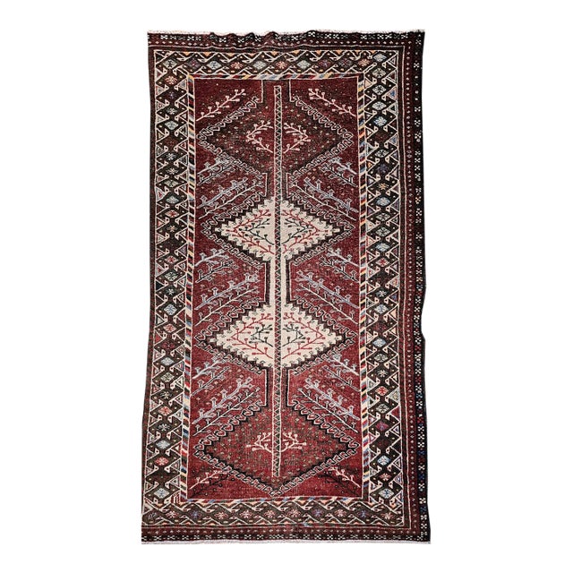 Vintage Persian Shiraz Tribal Area Rug, Hand-Knotted Wool, Geometric Pattern, Burgundy & Ivory, 5x10 For Sale