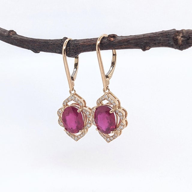 Ruby Dangle Earrings With Earth Mined Diamonds: Solid 14k Gold, Oval 10x8mm, Pair For Sale - Image 4 of 7
