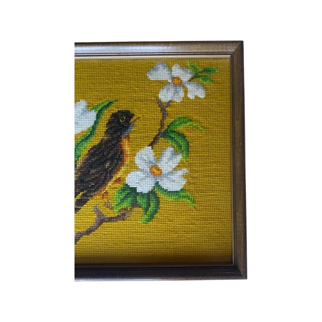 Vintage 1970’s Needlepoint Artwork of Flowers and Bird, Framed Under