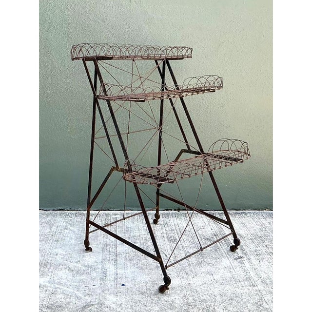 Crafted from sturdy metal wirework, this vintage three-tier plant stand captures a refined balance of industrial strength...