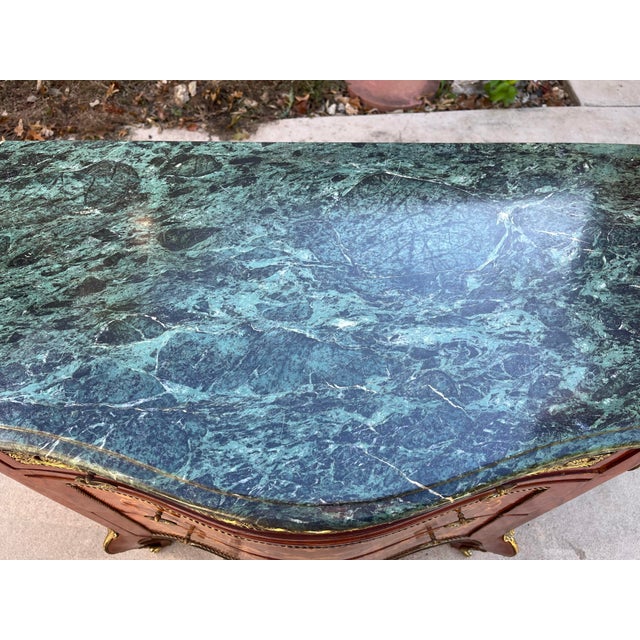 French Louis XV Marquetry Cabinet Chest of Drawers With Brass Ormolu- Green Marble Top For Sale - Image 3 of 12