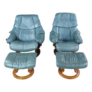 Vintage Ekornes Stressless Leather Reclining Swivel Lounge Chairs & Ottomans For Sale