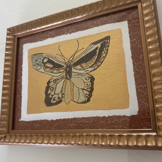 Original Acrylic Butterfly Painting Mounted on Fabric and Framed For Sale - Image 4 of 4