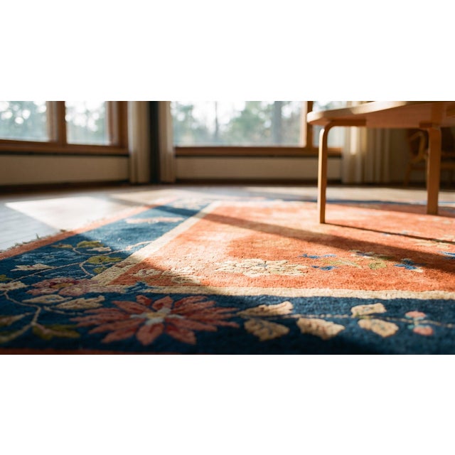 Textile 1920s Red Blue Floral Antique Chinese Art Deco Rug 8'10" X 11'8" Handknotted Wool Carpet For Sale - Image 7 of 9