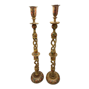 Monumental Pr. 19th Century Kashmiri Lacquered Papier-Mâché Floor Candlesticks