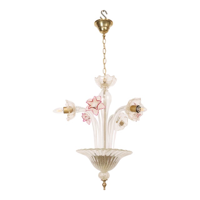 Vintage Murano Style Crystal J Arms Chandelier With Gold & Rose Inflections For Sale