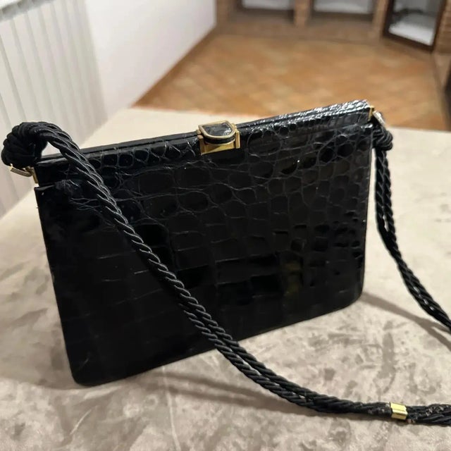1970s High Quality Black Leather and Rope Italian Cross Body Bag For Sale - Image 4 of 13