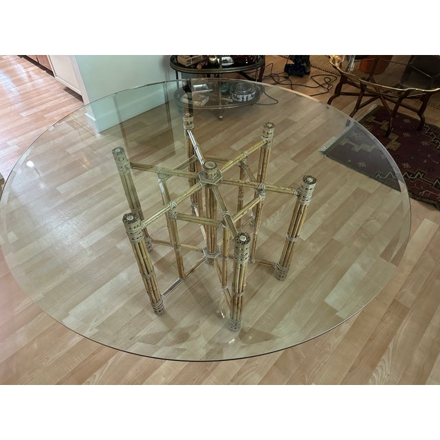 1990s Unmarked McGuire Organic Modern Bamboo & Rattan Circular Dining Table With Glass Top For Sale - Image 9 of 12