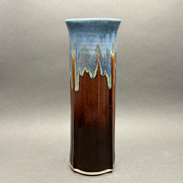 • Bill Campbell studio art pottery vase with signature crystalline drip glaze • Handmade in the USA, late 20th century •...